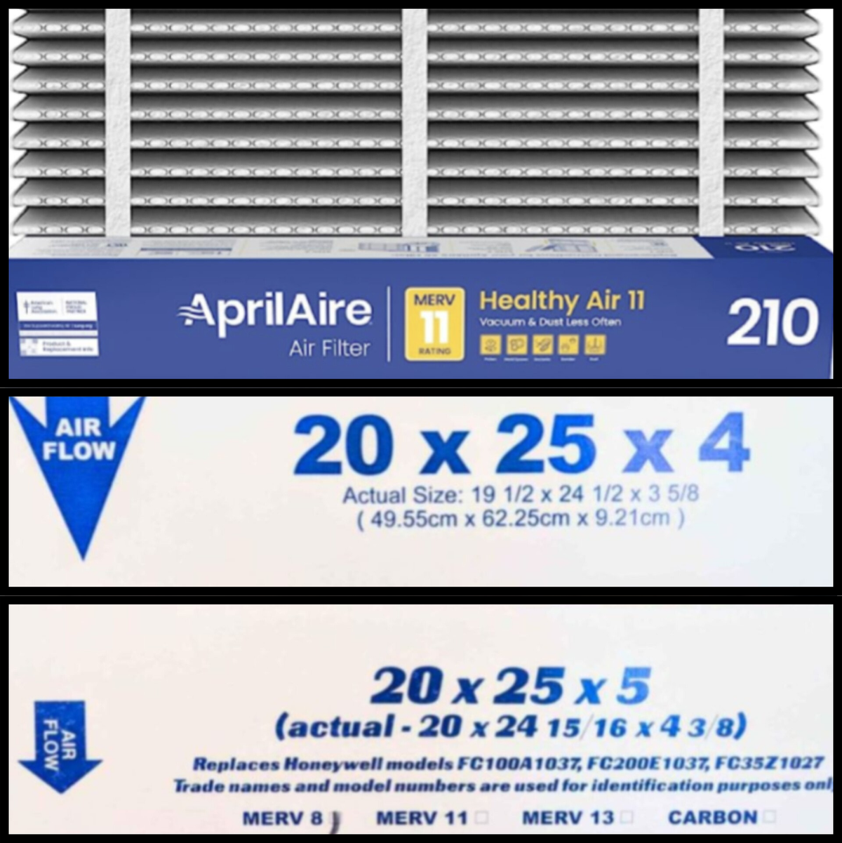 Three filter labels: an Aprilaire 210 filter, a 20x25x4 filter with actual size 19 1/2 x 24 1/2 x 3 5/8, and a 20x25x5 filter with actual size 20 x 24 15/16 x 4 3/8 that replaces Honeywell models